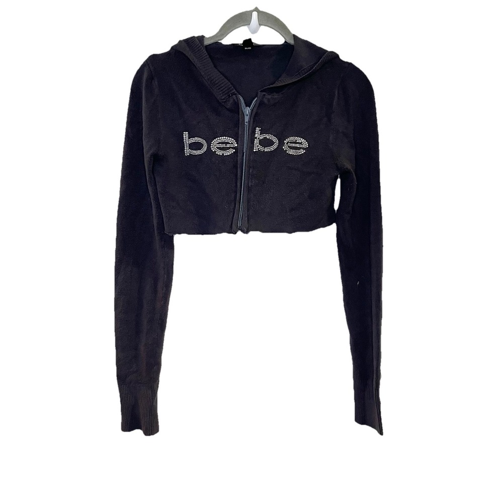 Y2K Bebe Rhinestone Hoodie Full Zip Cropped Gray Size‎ M Sweater Jacket